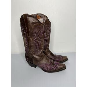 Rodeo Boots Snip Brown Purple Sequin Fleur-De-Lis Wings Cowboy Professional Sz 9